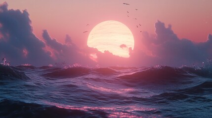 Fototapeta premium Pink Sunset over the Ocean Waves