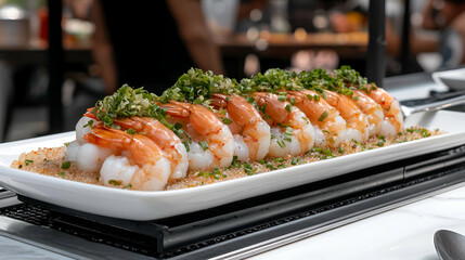 A beautifully arranged dish of cooked shrimp with green garnish