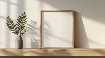 Minimalist Frame Mockup: A blank picture frame leans against a softly lit wall, with shadows cast by a plant in a vase. This serene composition is perfect for showcasing art, photos, or designs.