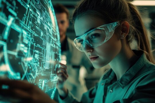 A female scientist in safety glasses examines a futuristic holographic display showing circuit diagrams.