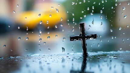A cross reflected in the water on a window, raindrops create an effect of purity .