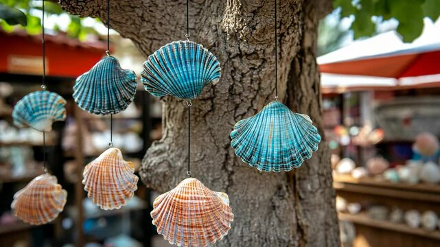 Colorful seashell decorations hang from a tree in a vibrant coastal market