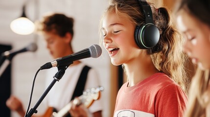 A girl in headphones sings backing vocals . 