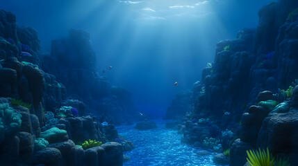Underwater Digital Art Depicting a Dark Blue Ocean Scene with Coral Reef and Fish