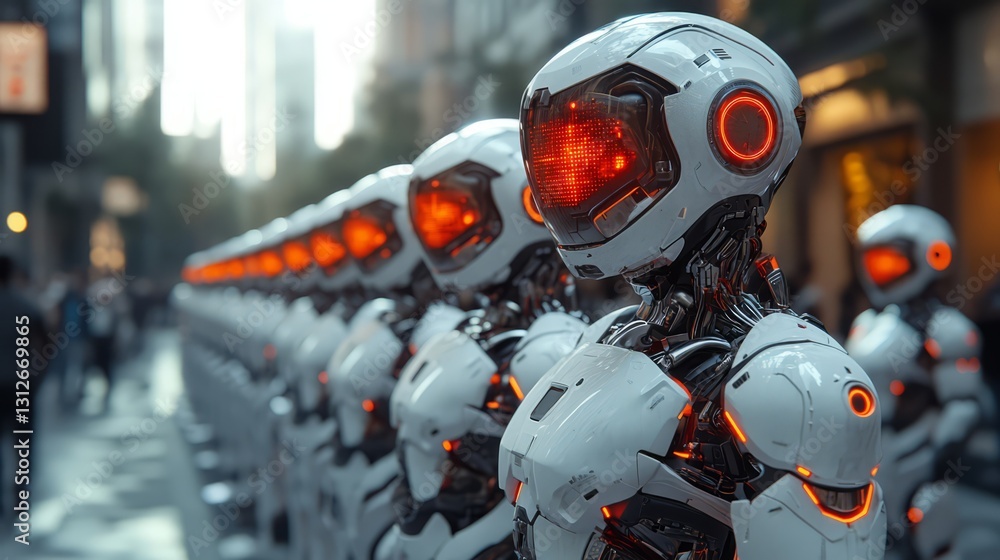 Poster a group of robots are lined up on a sidewalk. the robots are all white and orange. the robots are al
