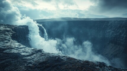 Naklejka premium Majestic waterfall plunging into misty canyon landscape