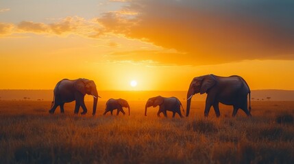 Fototapeta premium A family of elephants walking in a field at sunset. The sun is setting in the background, casting a warm glow over the scene. The elephants are of different sizes, with the largest one in the middle