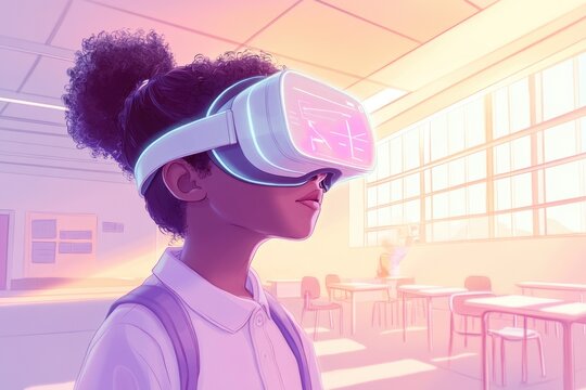 A young girl in a virtual reality headset experiences immersive education in a bright classroom.