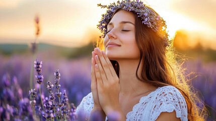 A woman in a lavender wreath prays at sunset . 