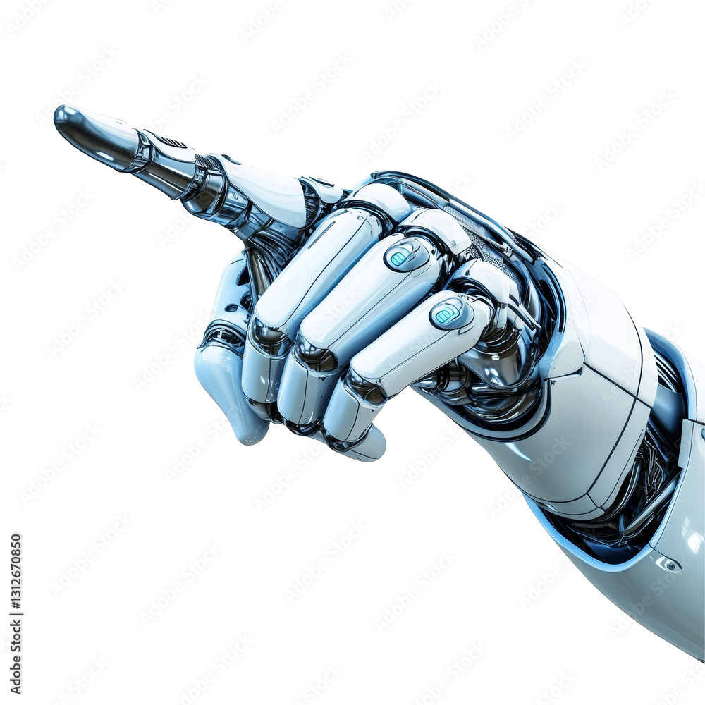 Poster android hand pointing gesture on a transparent background showcasing futuristic design elements, and