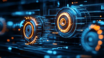 Fototapeta premium Abstract Futuristic Technology Background Digital Orange Blue Glowing Circles Rotating Gears High Tech Engineering Design Modern Innovation Powerful 