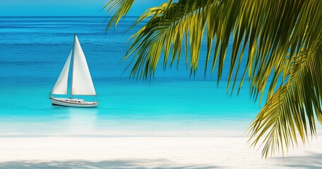 Un bateau à voile au bord d'une plage de sable blanc avec des palmiers et une eau de mer turquoise par une magnifique journée ensoleillée, concept de voyage, d'évasion ou d'un style de vie.