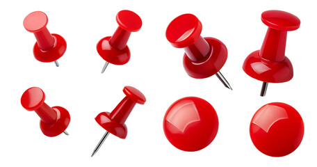 Assorted Red Push Pins in Various Sizes on White Background, isolated on transparent background