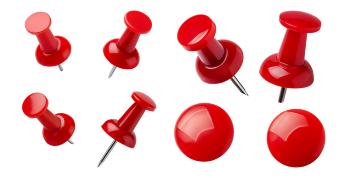 Assorted Red Push Pins in Various Sizes on White Background, isolated on transparent background