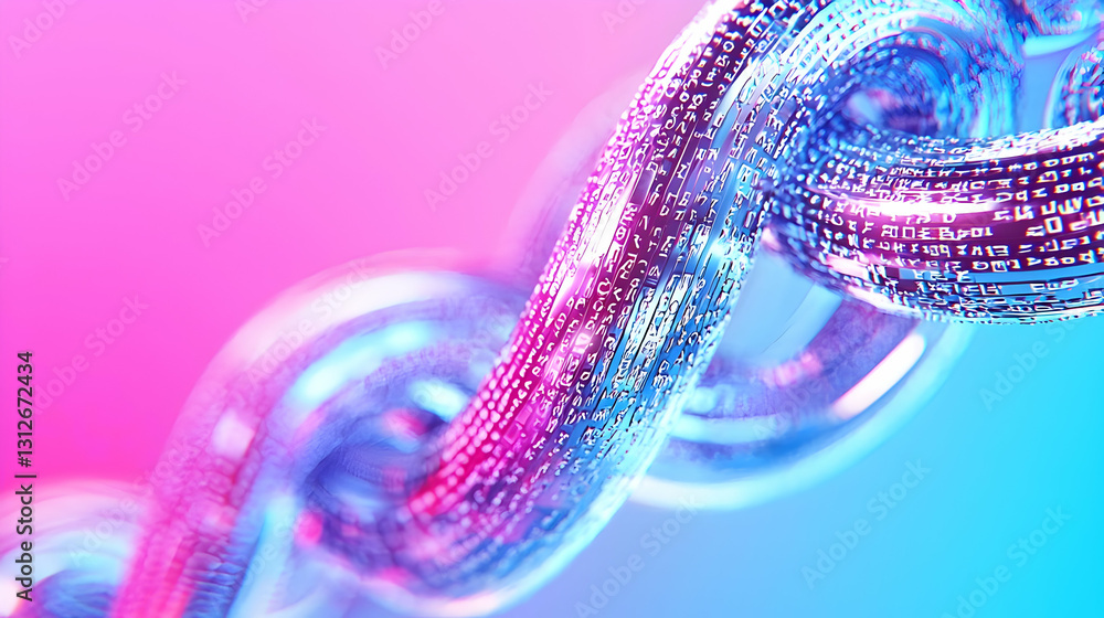Poster digital chain link illustration with binary code in neon colors