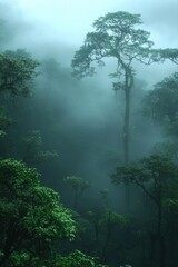 Obraz premium Green tree standing tall in misty jungle. Fog hangs over the forest. Dense vegetation is below. The sky is pale blue.
