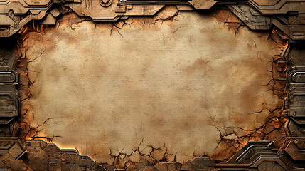 Futuristic cracked metal and stone background with a worn sci-fi frame. Perfect for technology and gaming themes