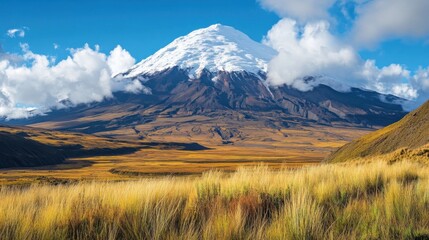 Naklejka premium Snowy mountain peak above field. Tall dry grass in golden valley. Blue sky with white clouds in distant landscape. Natural vista.