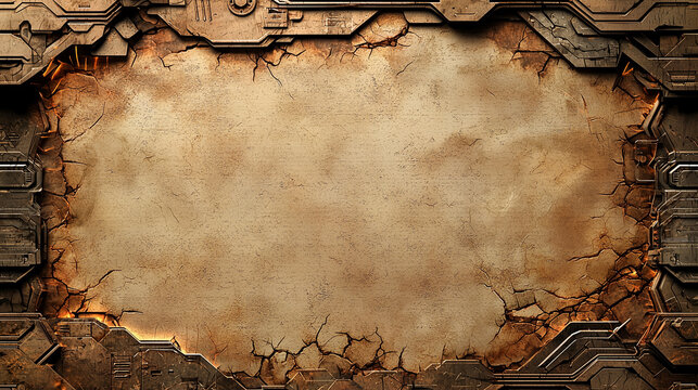 Futuristic cracked metal and stone background with a worn sci-fi frame. Perfect for technology and gaming themes