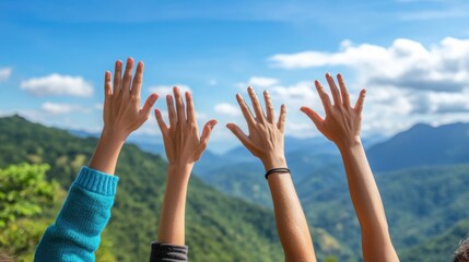 Hands raised to the sun in the mountains, space for text at the top . 