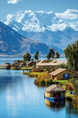 Naklejka premium Mountain lake view. Blue water and small houses with straw roofs. Clear sky above snowy peak. Peaceful landscape scene. Village on the water.