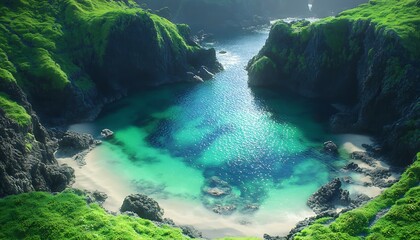 Beautiful lush green cliffs overlooking a turquoise secluded ocean cove