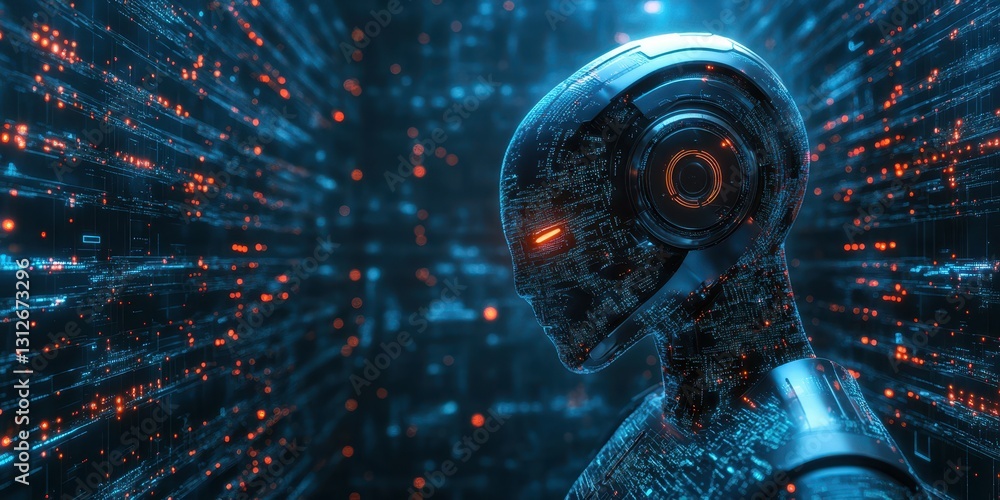 Poster Futuristic humanoid robot stands in a digital landscape with glowing data patterns around it