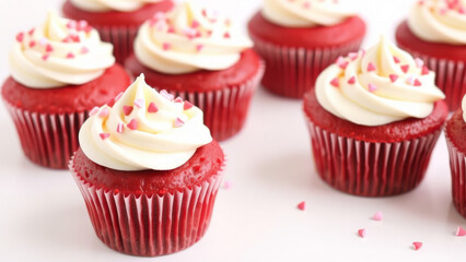 Close-up of red velvet cupcakes with white frosting and heart-shaped sprinkles