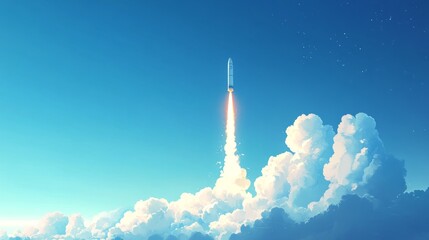 rocket launch in cartoon sky, minimalistic design, fluffy clouds, bright blue sky, simple and clean, futuristic and imaginative, high resolution, soft lighting