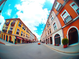 Colorful European Street Scene Buildings, Sunny Sky, Fisheye View - Vibrant Cityscape, Travel, Architecture