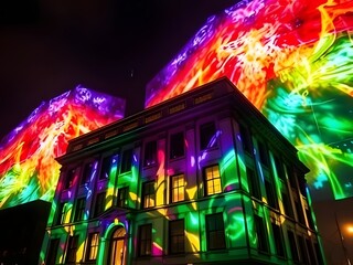 Colorful Light Projection on Historic Building at Night - Vibrant Display, Illumination, Art Installation