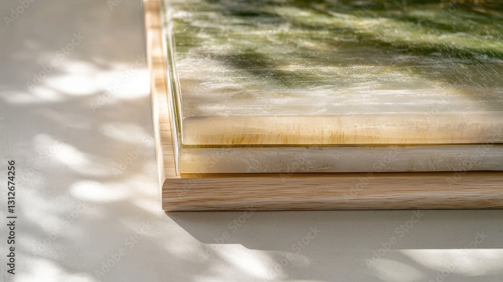 Aufkleber stacked translucent art pieces casting soft shadows on a light surface, showcasing intricate texture
