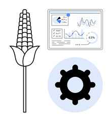 Corn plant, analytics dashboard with charts and data insights, gear icon symbolizing automation. Ideal for technology, agriculture, analytics, innovation, sustainability research efficiency. Flat