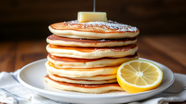 A stack of pancakes with a lemon on the side. Shrove Tuesday. pancake day