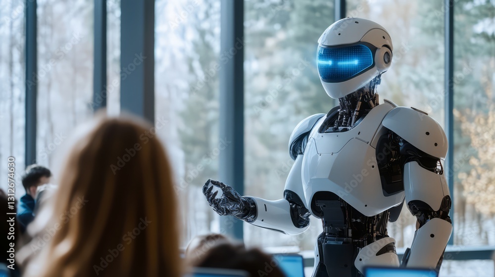 Poster a robot is standing in front of a group of people. the robot is white and has blue eyes. the people 