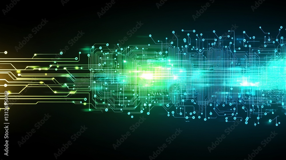 Poster abstract digital circuit board technology background green blue yellow lines network connection mode