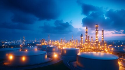 Fototapeta premium A nighttime view of an illuminated industrial processing plant