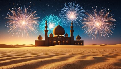 Desert Mosque Fireworks Night Stunning Landscape Image