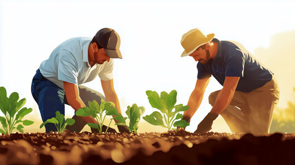 Farmers working together to plant vegetables in the warm morning sunlight