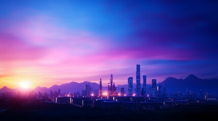 Fototapeta premium A futuristic city skyline during a colorful vibrant sunset