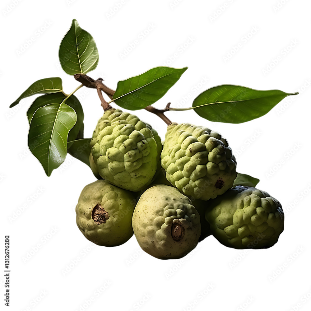 Poster cherimoyas hanging from a tree branch in a png cutout format with a transparent backdrop