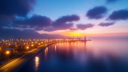 Fototapeta premium A coastal industrial facility illuminated at sunset next to water