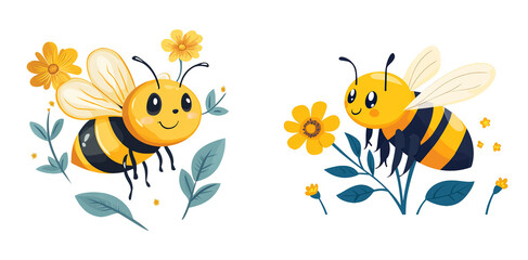 Cute cartoon bees collecting nectar from vibrant flowers on transparent background