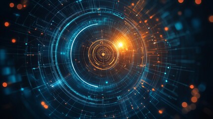 Fototapeta premium Abstract Futuristic Technology Background Digital Circular Design Orange Blue Glowing Lines Network Connection Innovation Modern Art Graphic 
