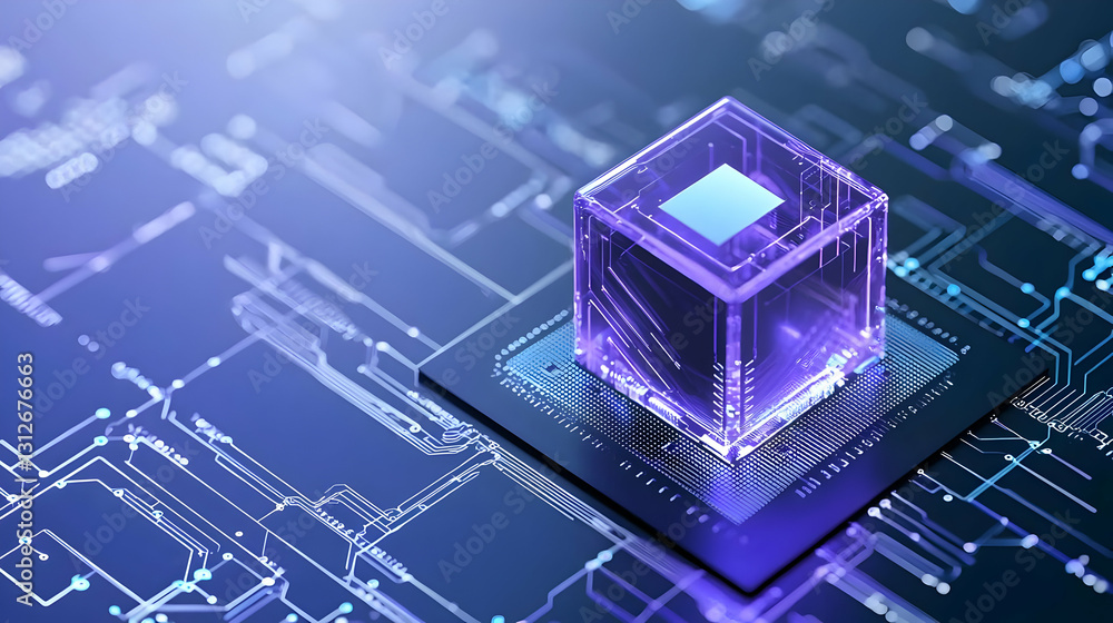 Poster futuristic transparent microchip on circuit board background