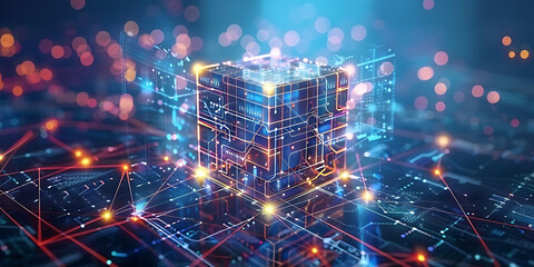 Multi-Dimensional Cube Surrounded by Vibrant Light Streaks and Tech Elements
