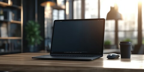 Modern workspace featuring laptop and coffee cup in bright office environment during the afternoon