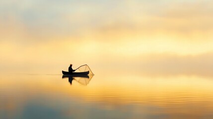 Fototapeta na wymiar A fisherman casting a net into the water at sunrise, golden light reflecting, cinematic and serene