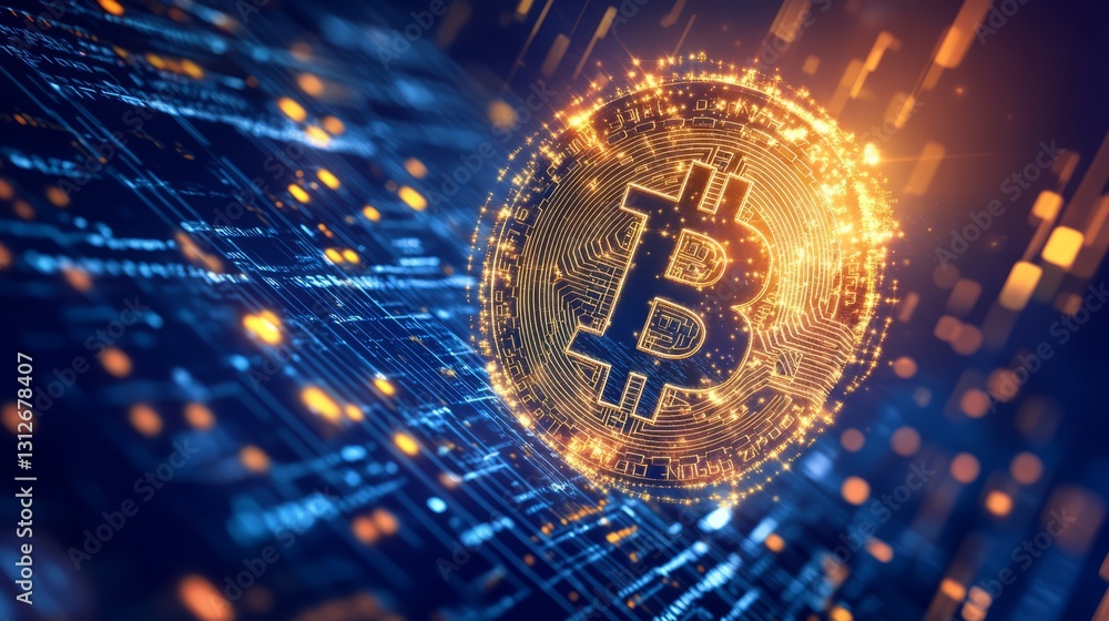 Poster a computer generated image of a bitcoin symbol with a blue background. the image has a futuristic an