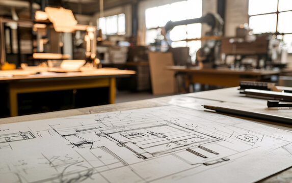 Architectural designs in a woodworking factory, industrial workshop with wood-based materials and machinery, precision furniture production and design process